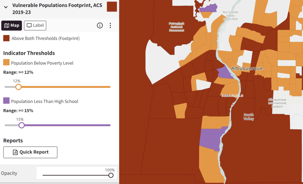 Small map demonstrating vulnerable populations footprint tool where areas illuminate if they meet education thresholds, poverty thresholds, or both