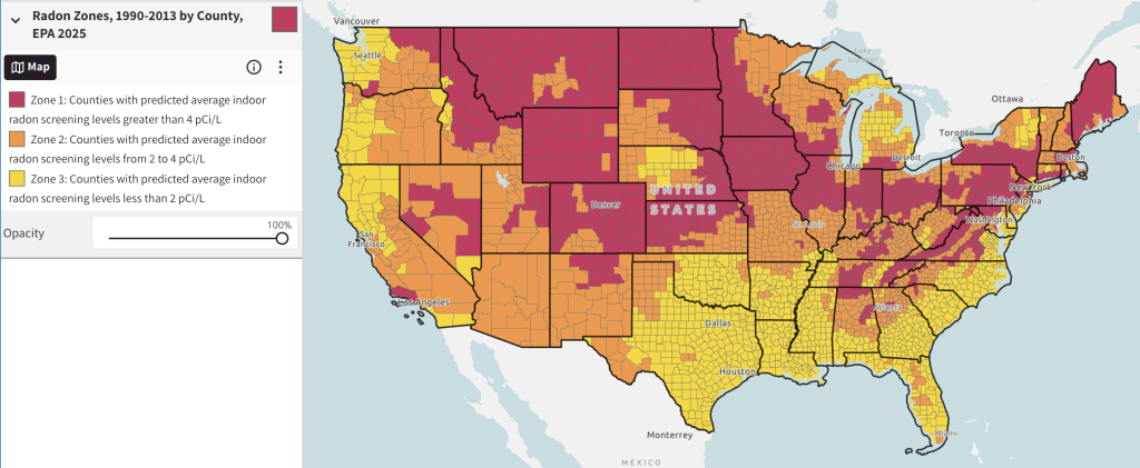 Map of US where darker red counties indicate higher predicted indoor radon screening levels