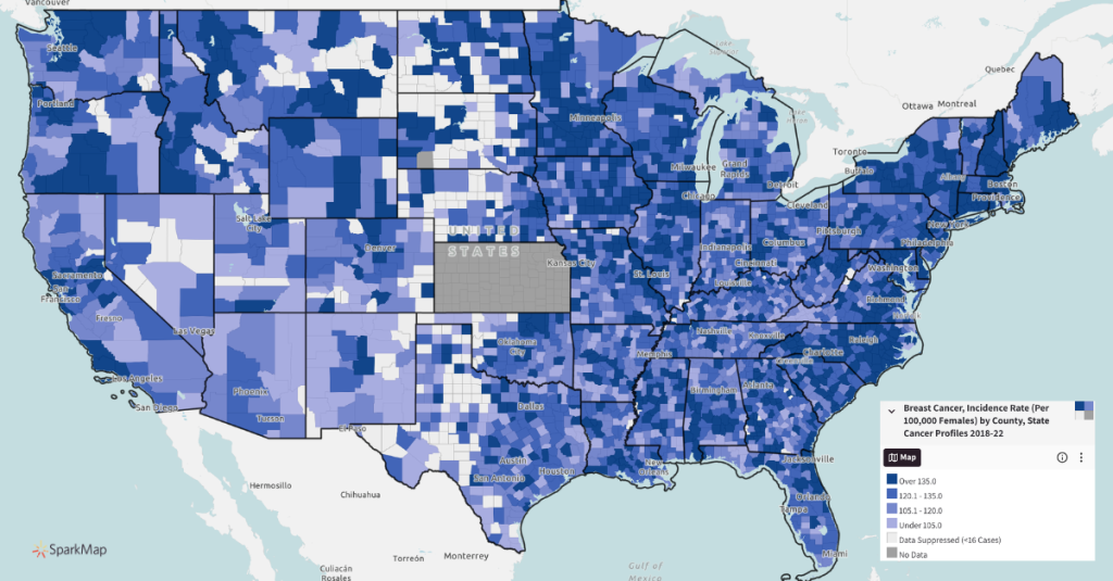Map of US where darker counties indicate higher breast cancer incidence from 2018 - 2022
