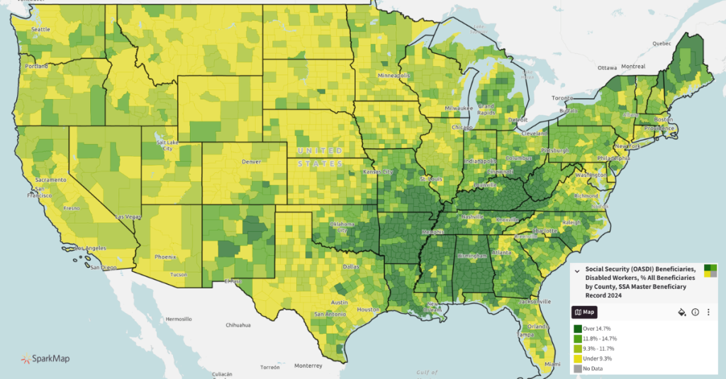 Map of US where darker counties indicate higher percentage of disabled workers receiving social security