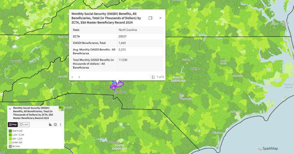 Map of North Carolina showing the monthly social security benefits paid for all beneficiaries in ZIP Code 28037 in North Carolina